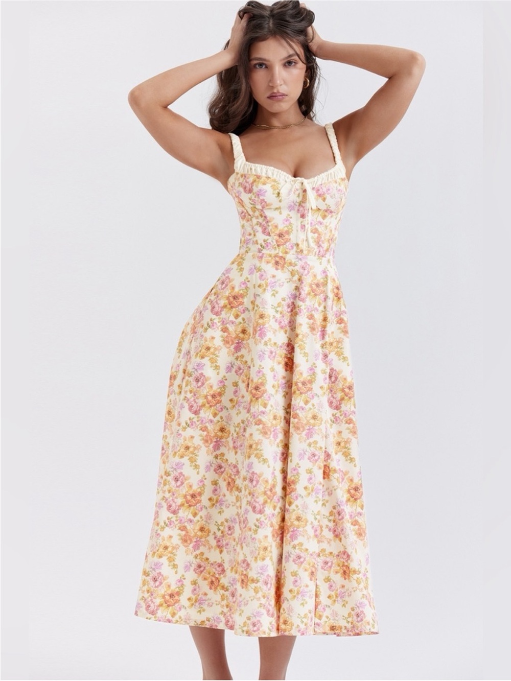 House Of CB Sabrina Ivory Print Bustier Midi Sundress Whimsical Floral Sz L - Picture 1 of 6
